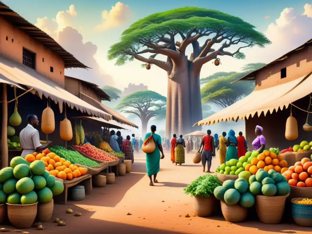 Una animada pintura en acuarela de un bullicioso mercado africano, reflejando la influencia del entorno en la estética africana