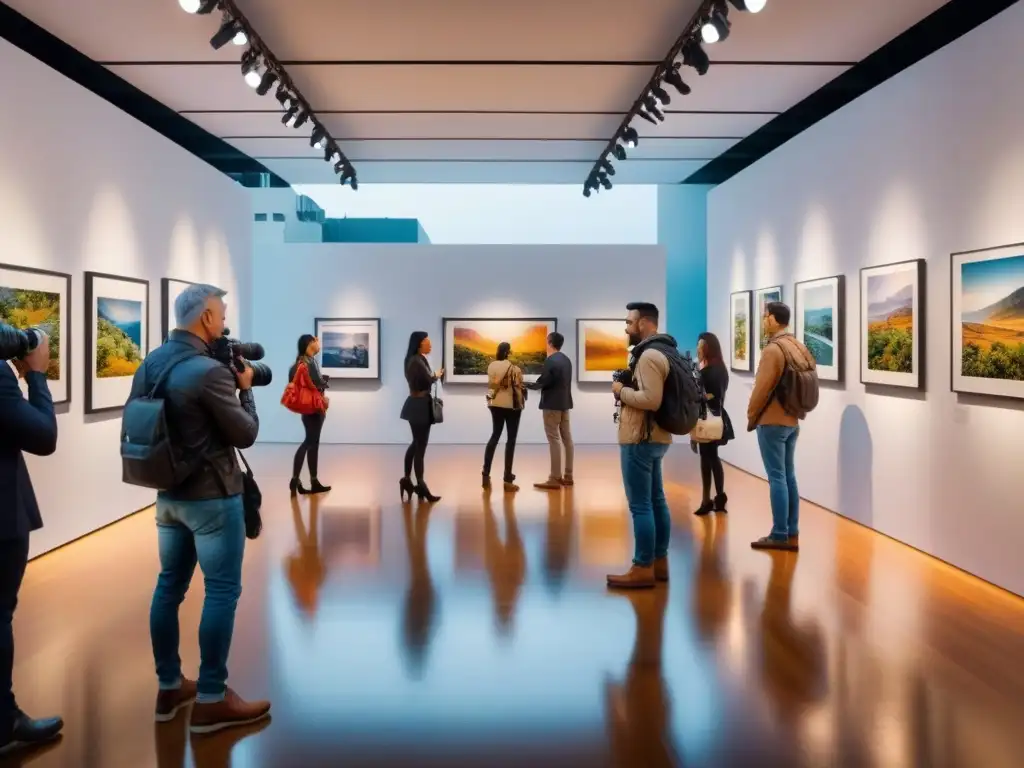 Una animada exposición de fotografía con una variedad de cámaras, trípodes y equipos, capturando la esencia del arte