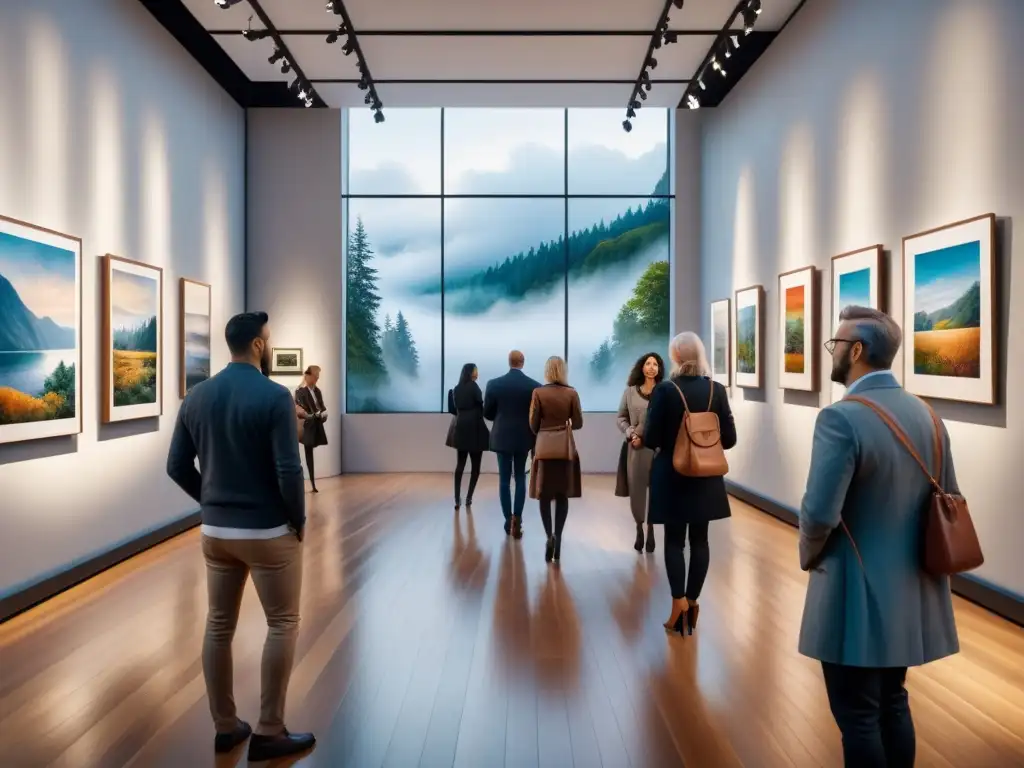 Un animado evento de arte en una galería elegante, con visitantes admirando obras