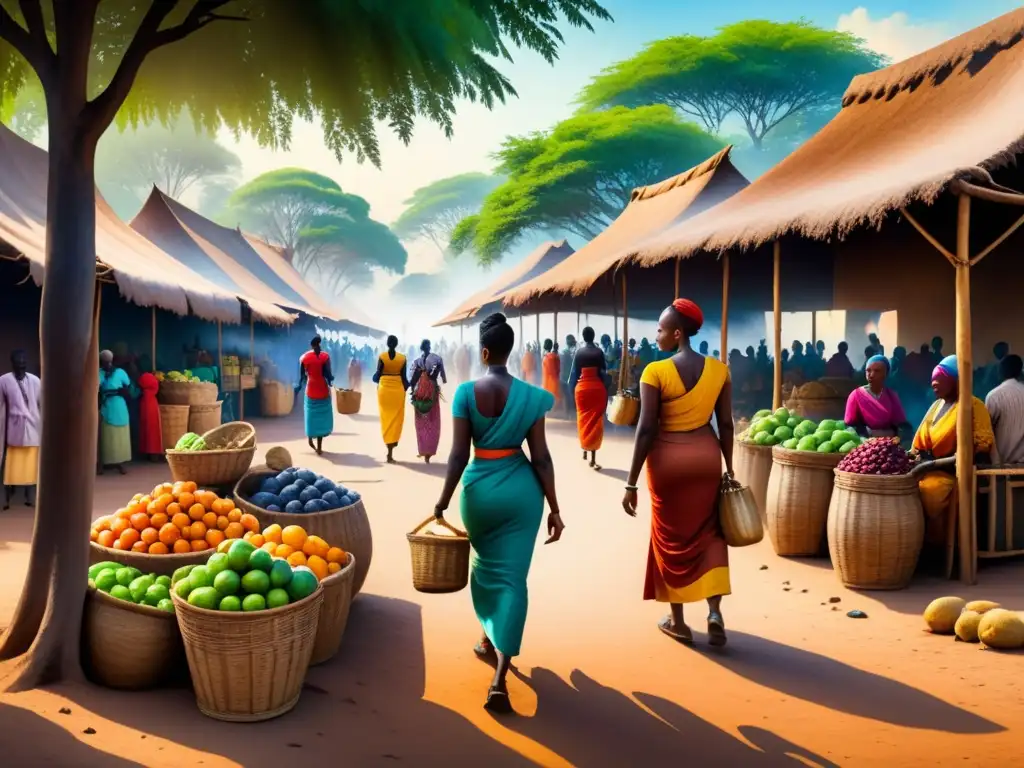 Animado mercado africano, coloridas telas frente a puestos terrosos bajo luz de árboles, reflejando contraste en arte africano