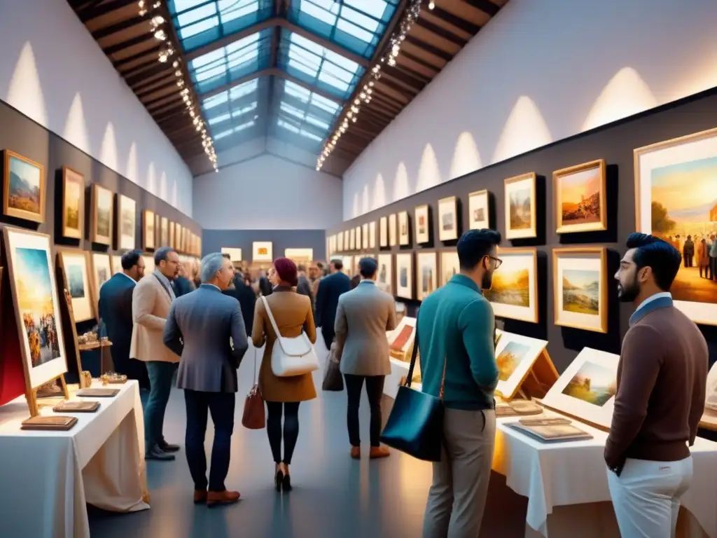 Un animado mercado de arte con luces suaves, colores vibrantes y expertos conversando sobre obras de arte