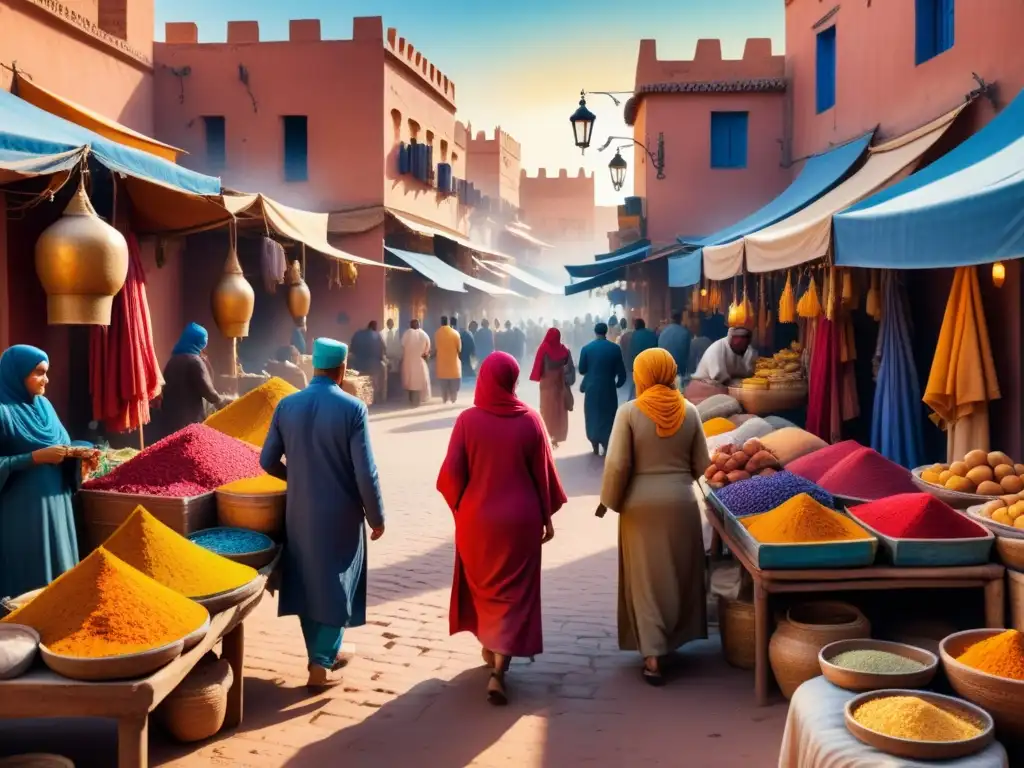 Un animado mercado en Marrakech, Marruecos, con colores vibrantes que resaltan la psicología del color en el arte y la moda