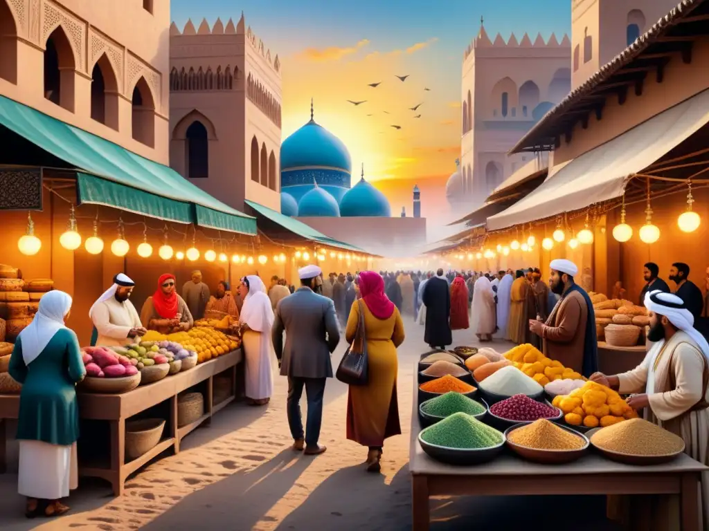 Un animado mercado del Medio Oriente en acuarela, con colores vibrantes y detalles culturales