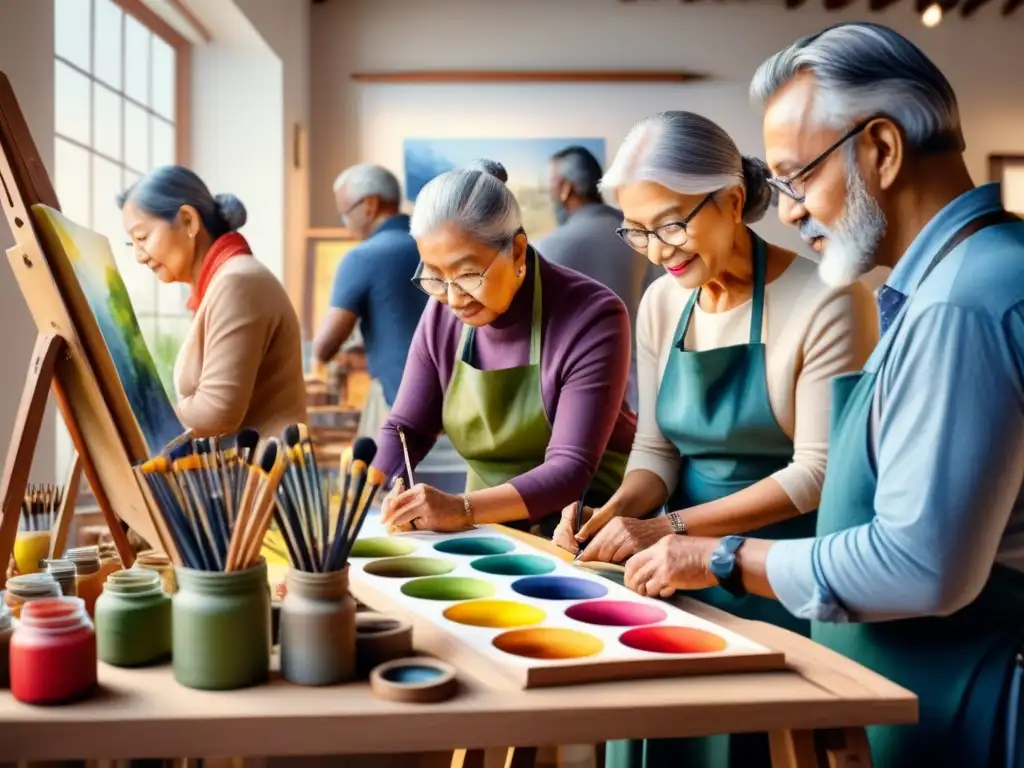 Un animado taller artístico con personas de todas las edades creando juntas en un ambiente vibrante