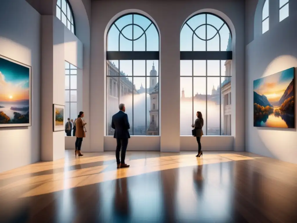 Un animado y vibrante ambiente de galería de arte contemporáneo donde los visitantes disfrutan coleccionar arte emergente
