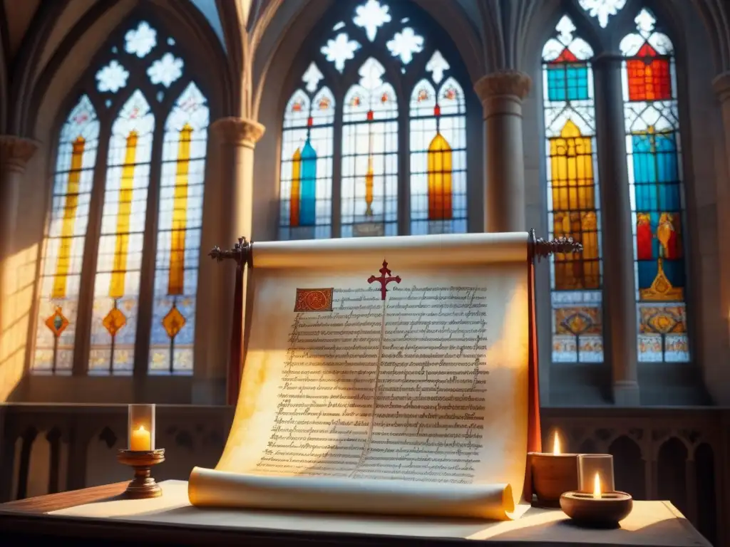 Una antigua caligrafía en pergamino, iluminada por luz dorada en una catedral medieval