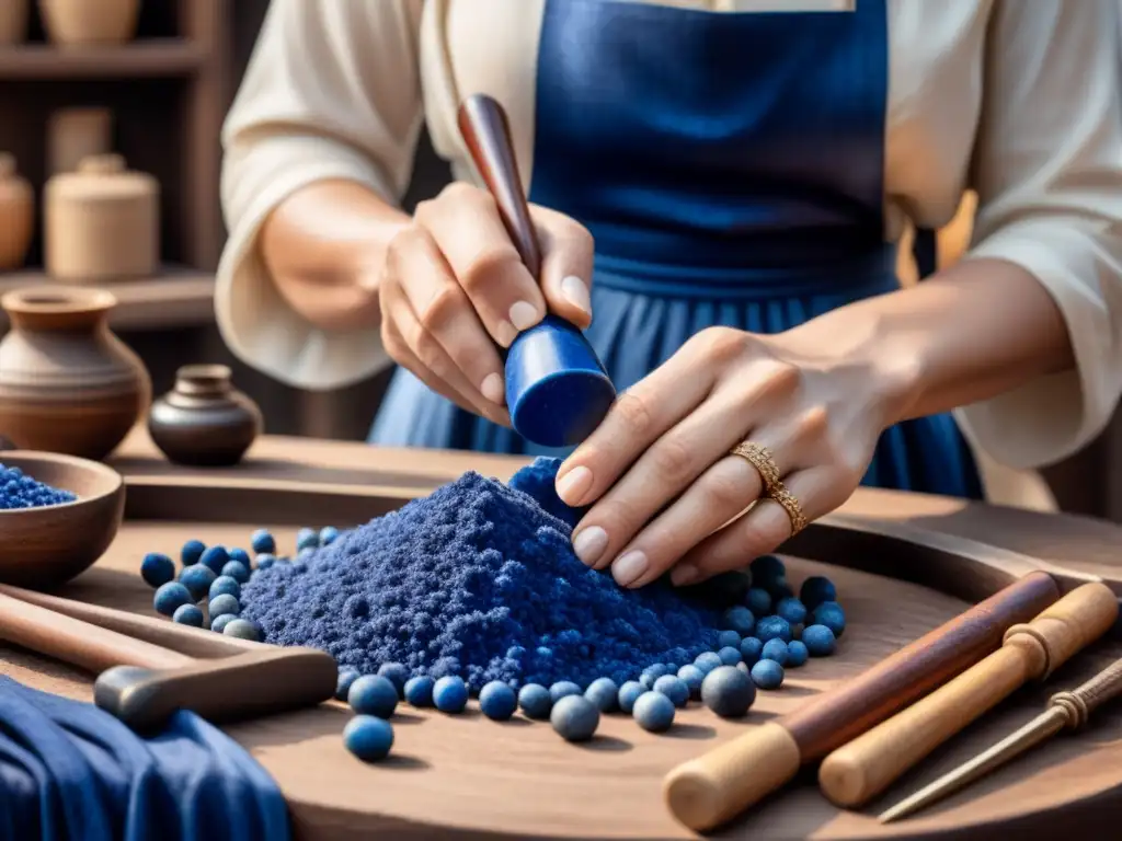 Un antiguo artesano muele lapislázuli para crear pigmento azul, mostrando la historia del azul en arte