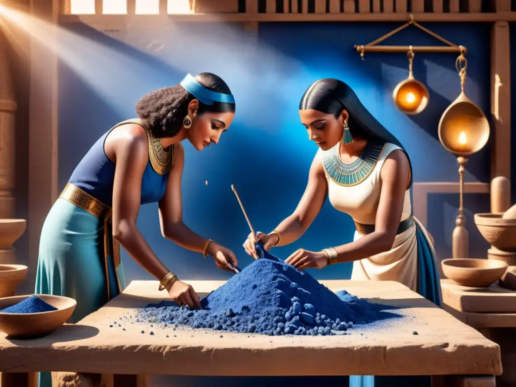 Antiguos artesanos egipcios extrayendo pigmento azul de lapislázuli en un taller soleado, evocando historia, arte y cultura