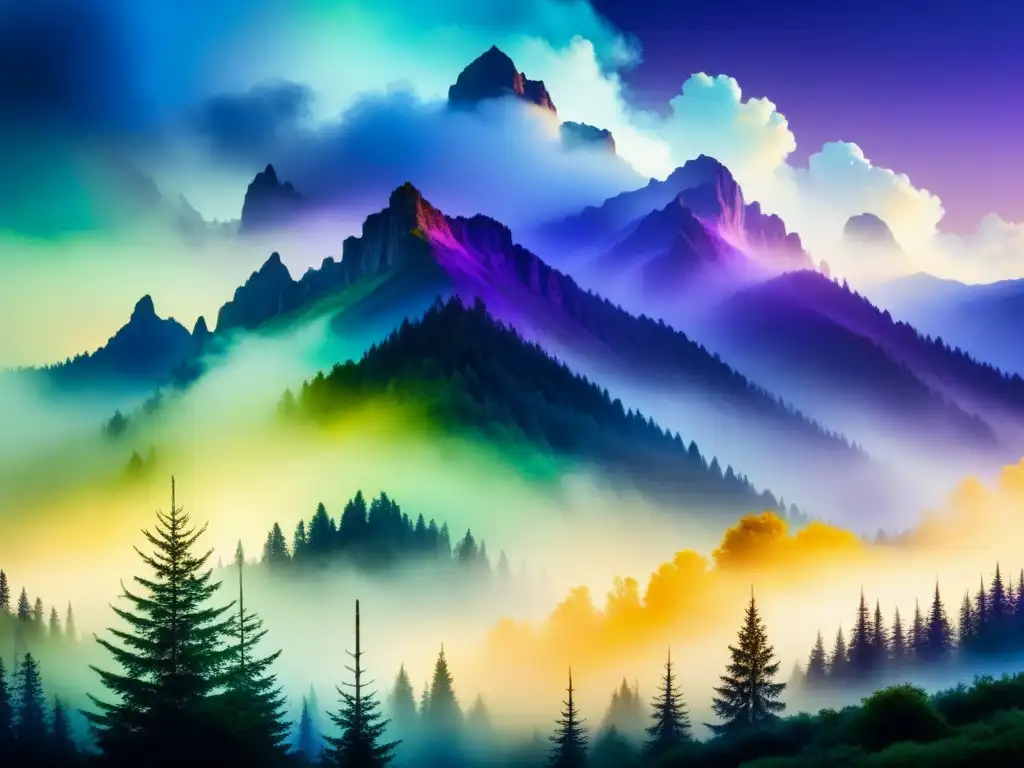 Paleta acuarela vibrante: mezcla armoniosa de azul, verde y morado Armoniosa paleta de acuarela mezclando colores en una obra maestra fluida