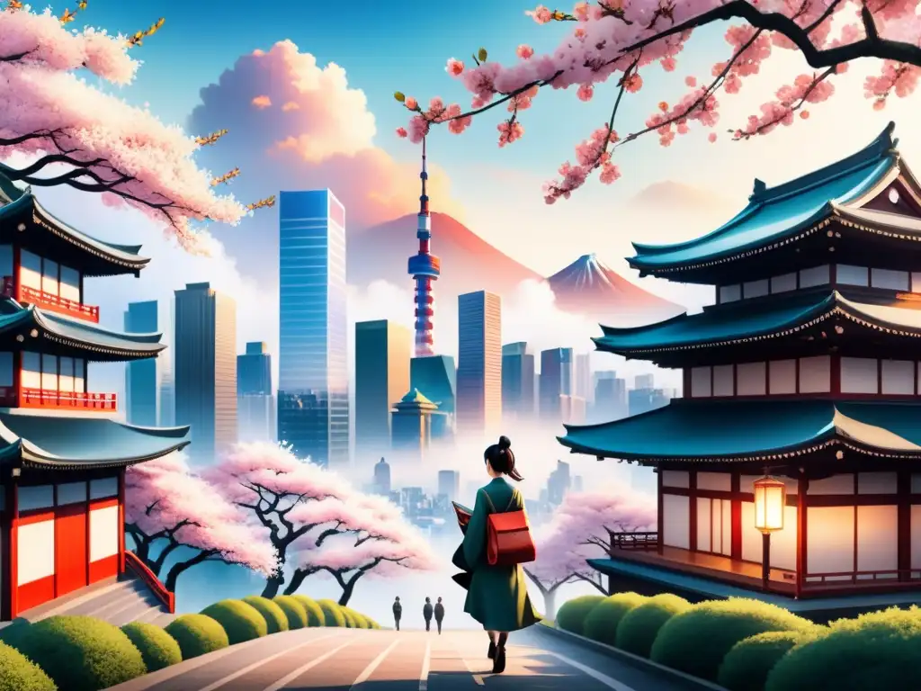 Una ilustración acuarela fusiona arquitectura japonesa y modernos rascacielos bajo un cerezo en flor