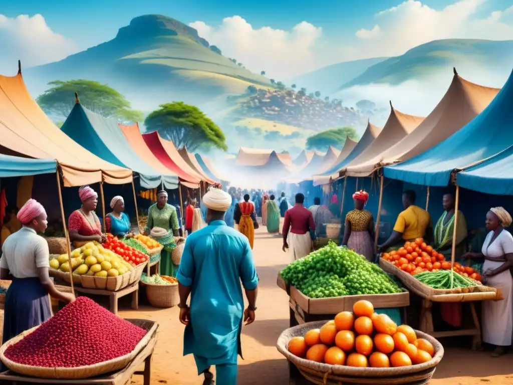 Arte africano contemporáneo retrata la esperanza de un bullicioso mercado africano lleno de coloridas tiendas y gente animada