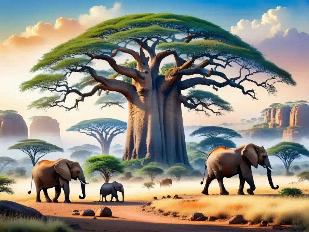 Arte africano contemporáneo: paisaje vibrante con baobab, elefantes y león en armonía