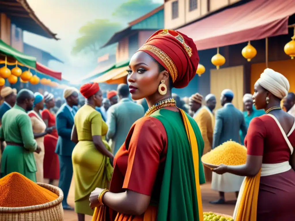 Fotografía contemporánea arte africano: Pintura detallada de un bullicioso mercado africano con colores vibrantes y gente diversa en interacción