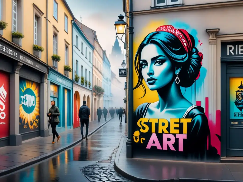 Arte callejero en Europa mainstream: Una ciudad europea bulliciosa con murales de street art vibrantes y eclécticos en una pintura acuarela detallada