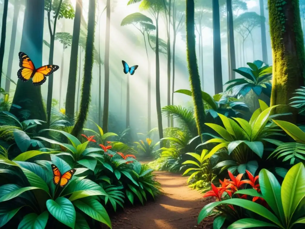 Arte promoviendo conciencia ambiental: pintura detallada de exuberante selva con diversidad de flora y fauna, lleno de vida y movimiento