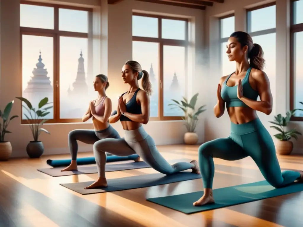 Arte contemporáneo: grupo diverso practicando yoga con gracia en estudio sereno, iluminado por el sol