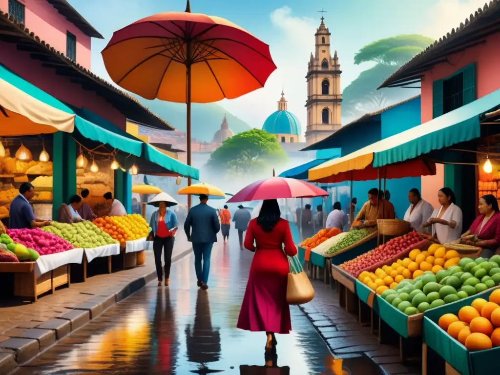 Pintura acuarela: Mercado Latinoamericano vibrante Arte contemporáneo latinoamericano en vibrante mercado callejero