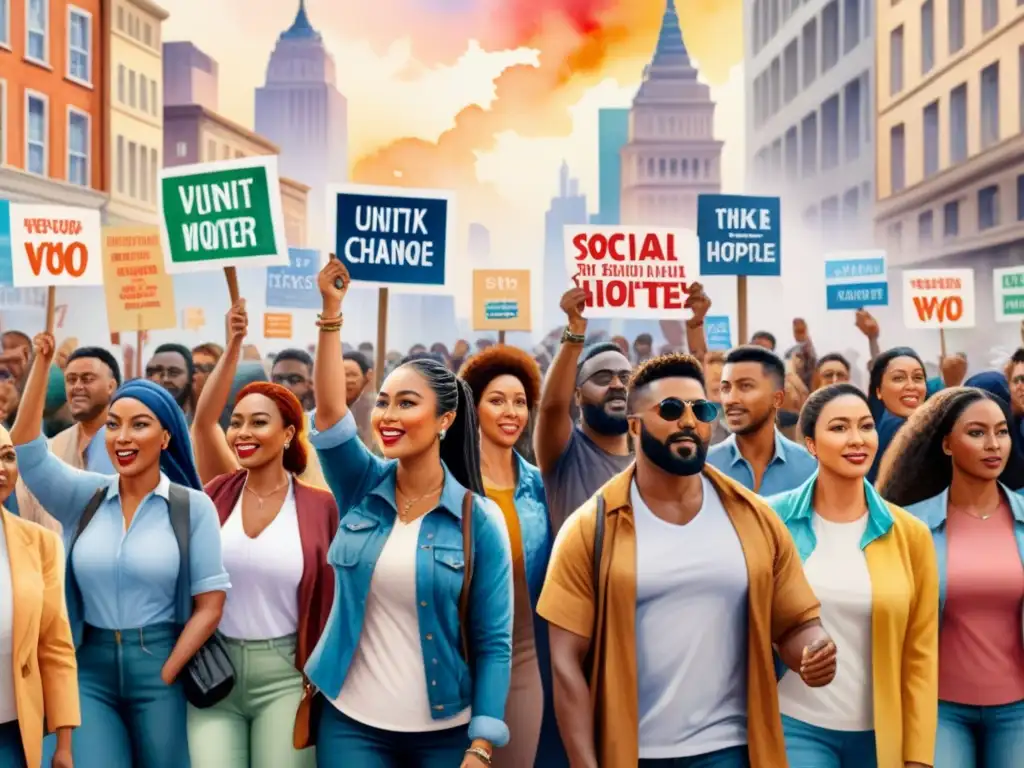 Arte contemporáneo visibiliza luchas sociales: Detallada acuarela de grupo diverso unido en protesta con pancartas coloridas