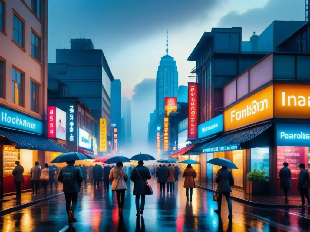 Arte digital en publicidad impactante: Pintura de ciudad nocturna con luces de neón vibrantes en la lluvia