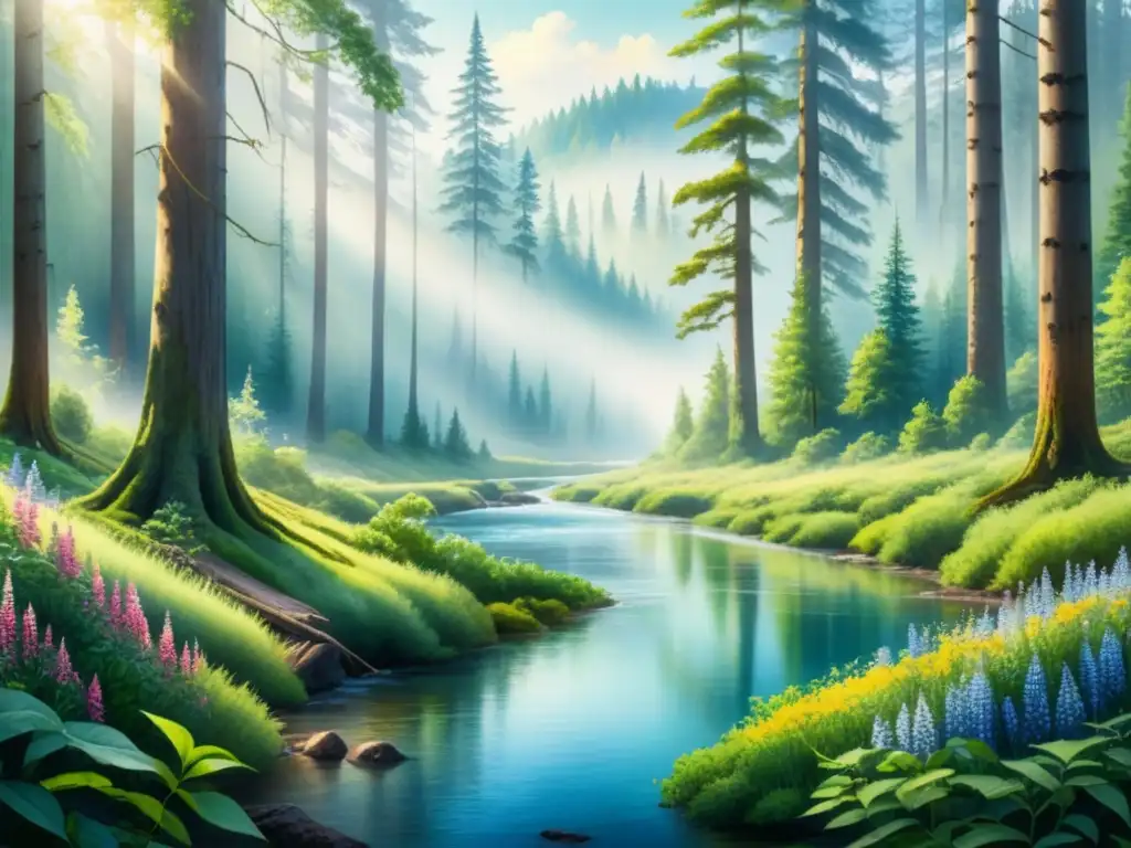 Invertir en arte ecofriendly sostenible: Detalle de un bosque vibrante en acuarela, con un río serpenteante y colores vivos