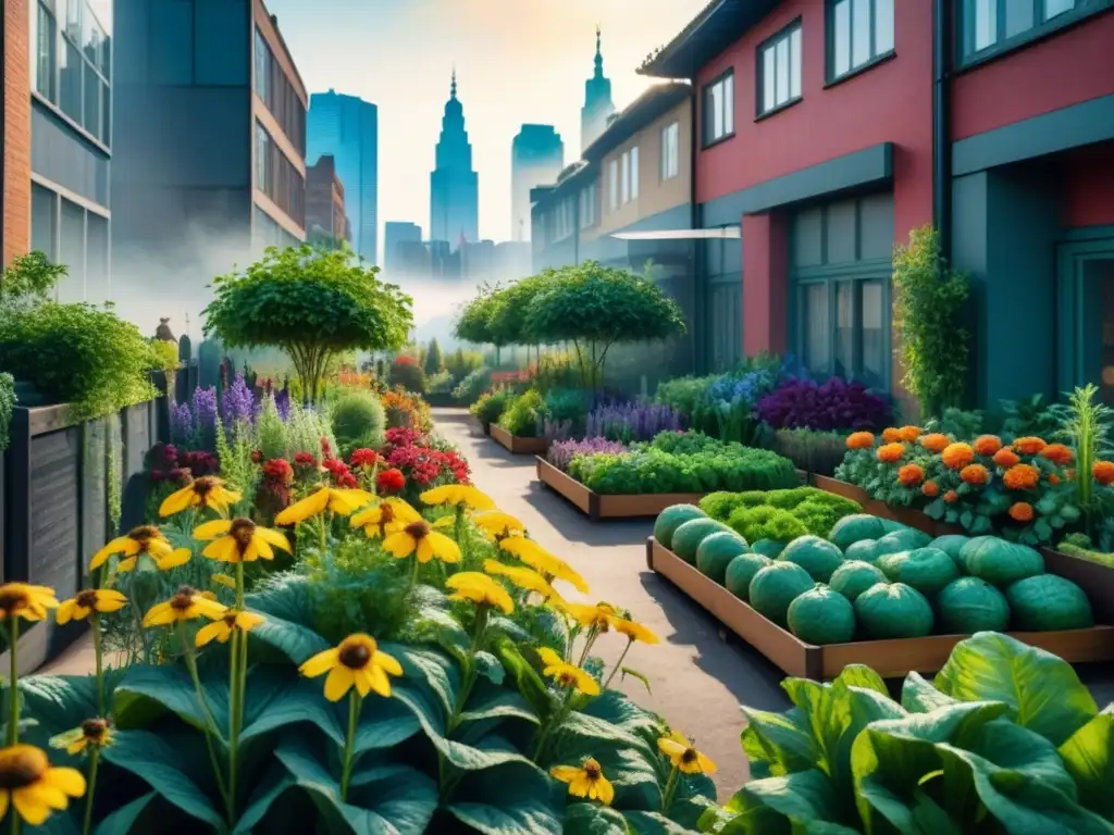 Arte Ecológico en Ciudades: jardín urbano con flores y abejas, contrastando con edificios modernos al fondo