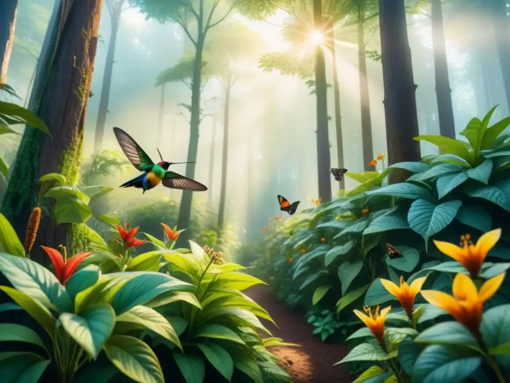 Maravilloso bosque verde con polinizadores: mariposas, abejas y colibríes Arte ecológico: detallada pintura acuarela de un exuberante bosque verde, con mariposas, abejas y colibríes