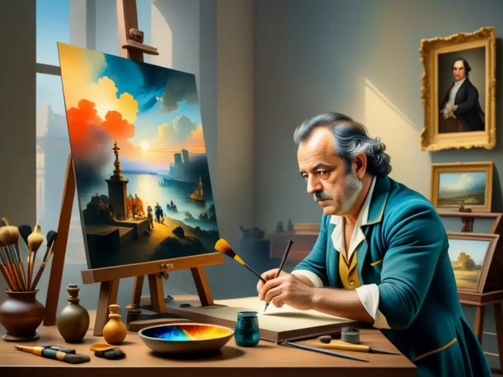 Francisco de Goya creando arte en su estudio, fusionando técnicas tradicionales y modernas