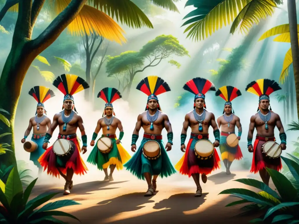 Arte indígena y tribal cultural: Detallada pintura acuarela de danza tribal bajo la selva tropical, con trajes coloridos y pintura facial