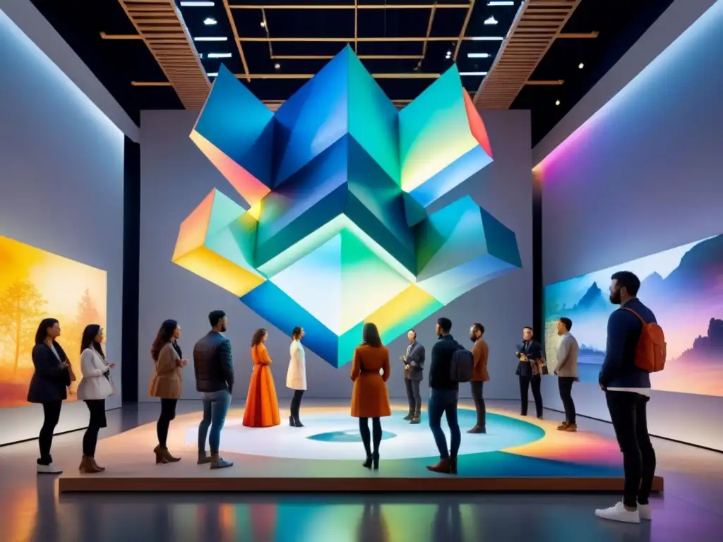 Arte interactivo: espectadores exploran obra completa en laberinto colorido y vibrante dentro de galería futurista