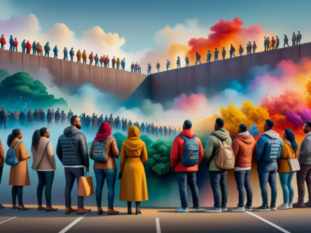 Arte protesta mensajes políticos: Mural diverso celebra la unidad con colores vibrantes y figuras detalladas en la frontera