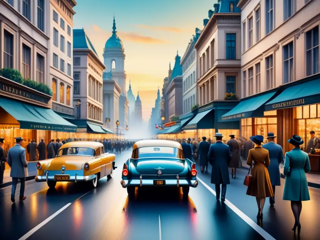 Fotografía en el arte modernista: Detallada acuarela de una bulliciosa calle de la ciudad durante la época modernista