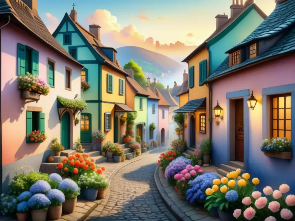 Arte Naíf: Inocencia y Pureza en un pintoresco pueblo con casas coloridas, calles empedradas y jardín floreado bajo un cielo pastel