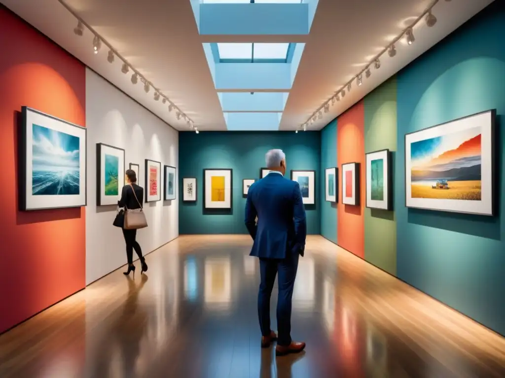 Galería de arte con obras abstractas llenas de ironía y humor, contrastando con visitantes serios