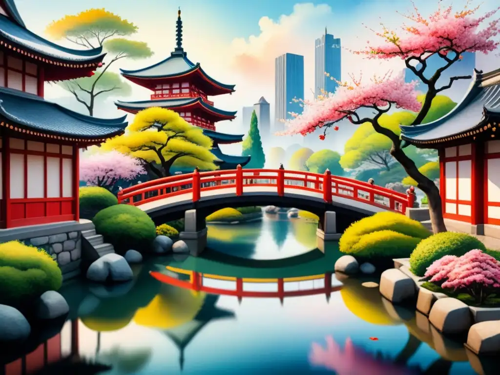 Fusión entre el arte oriental y occidental en una pintura acuarela detallada de un jardín japonés y una ciudad europea