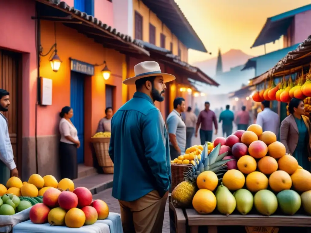 Arte popular latinoamericano tradicional color en un bullicioso mercado al atardecer