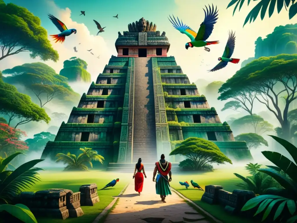 Arte precolombino influencia surrealismo: Una pintura acuarela detallada de un templo maya rodeado de selva, loros y jeroglíficos