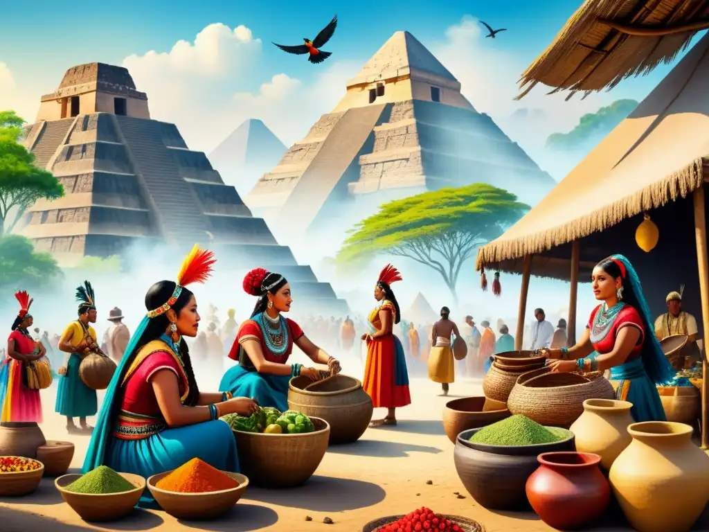 Arte precolombino en América Latina: Pintura acuarela de mercado vibrante en Mesoamérica, con artesanos indígenas y pirámides al fondo