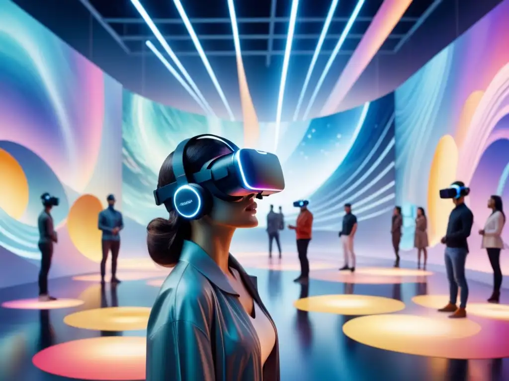 Exposición de arte en realidad virtual con esculturas abstractas flotantes y paisajes digitales, interactuando con arte sonoro en realidad virtual
