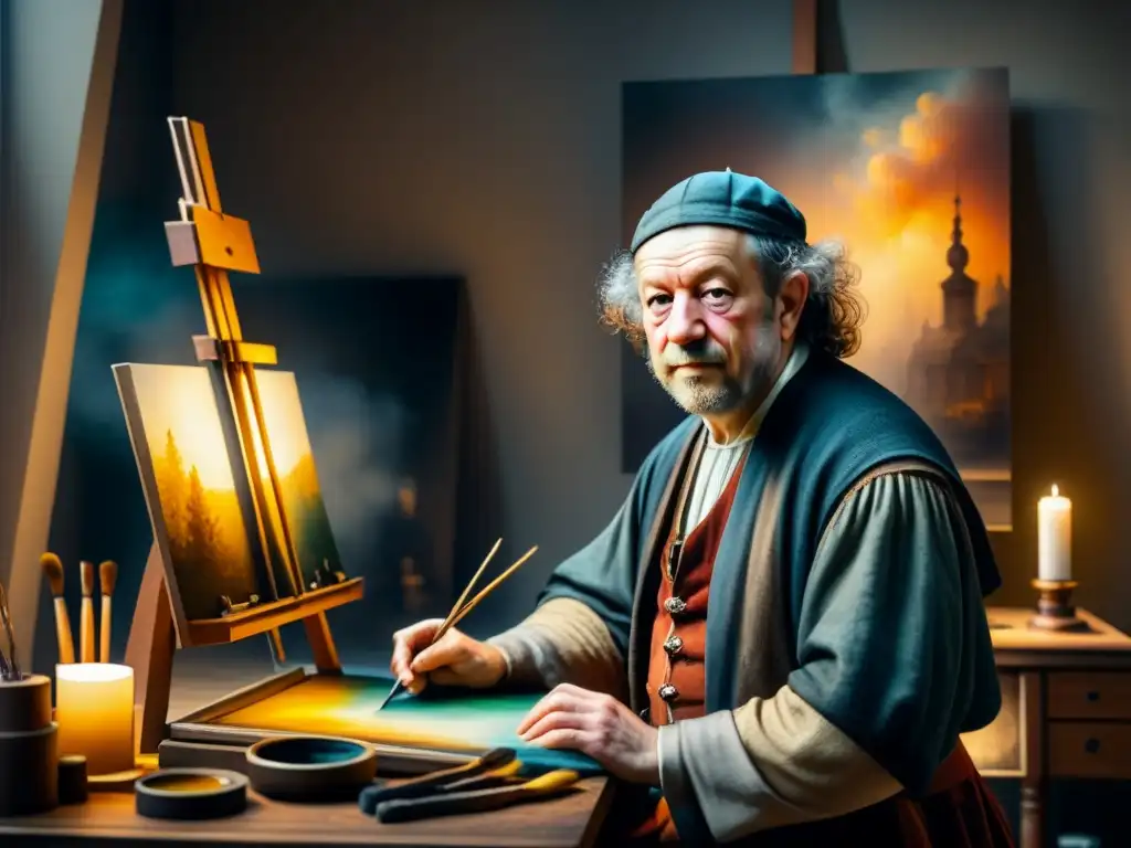 Transformación arte retrato Rembrandt: Detalle acuarela de Rembrandt pintando con concentración en su estudio, rodeado de lienzos y pinceles