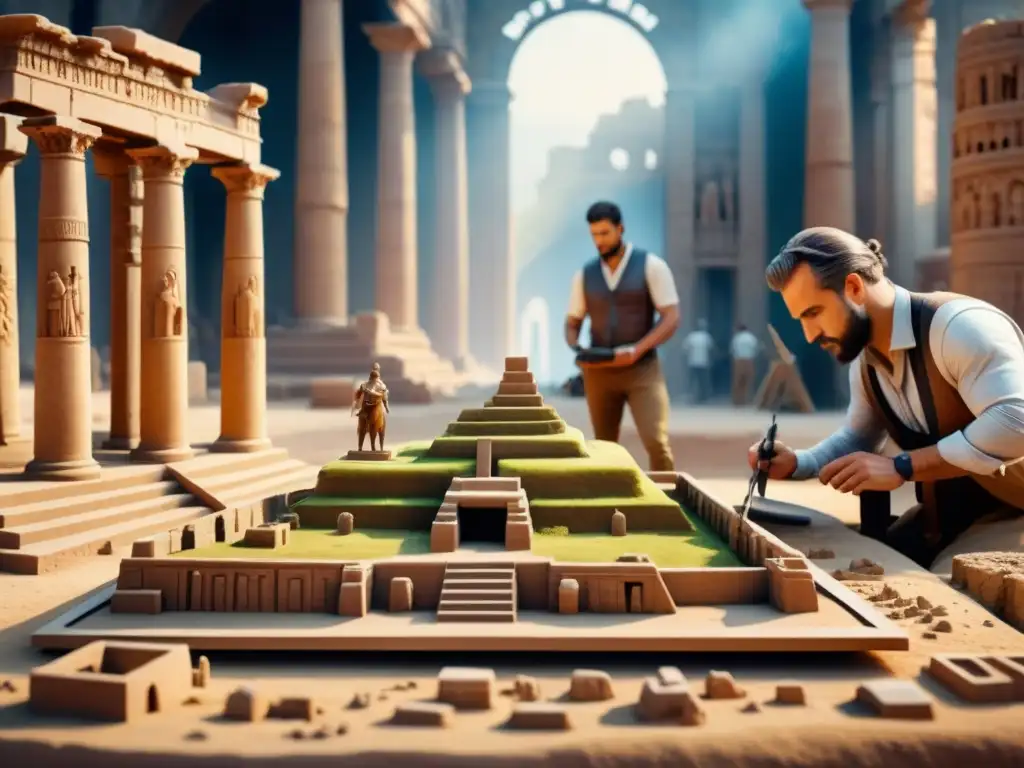 Ruinas ancestrales reconstruidas con tecnología 3D óPreservación del arte con impresión 3D: Ruinas antiguas reconstruidas con tecnología moderna en acuarela de alta resolución