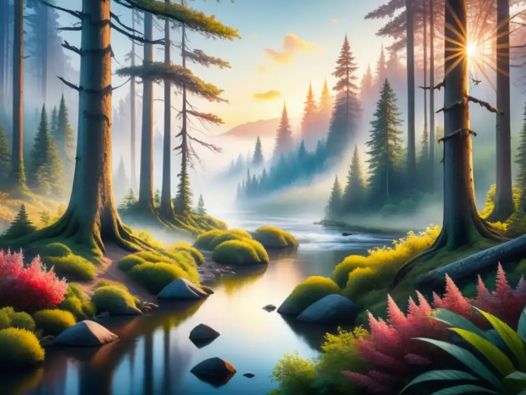 Paisaje de bosque sereno en acuarela: río al atardecer Arte terapéutico: pintura acuarela de un bosque sereno al atardecer, reflejando emociones y colores vibrantes