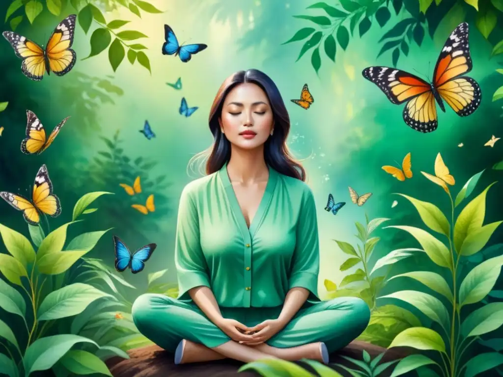 Arte terapia sanando alma: Pintura acuarela serena de persona en meditación rodeada de naturaleza y mariposas, transmitiendo paz y sanación interior