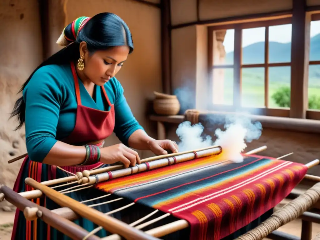 Arte Textil Andino: artesanos tejiendo patrones vibrantes en telares tradicionales con tintes naturales, fusionando tradición y vanguardia