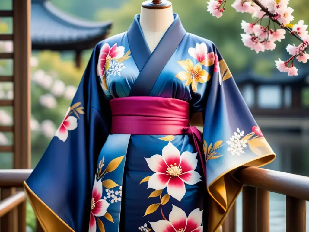 Arte textil contemporáneo Asia: Kimono japonés con patrones florales vibrantes en acuarela