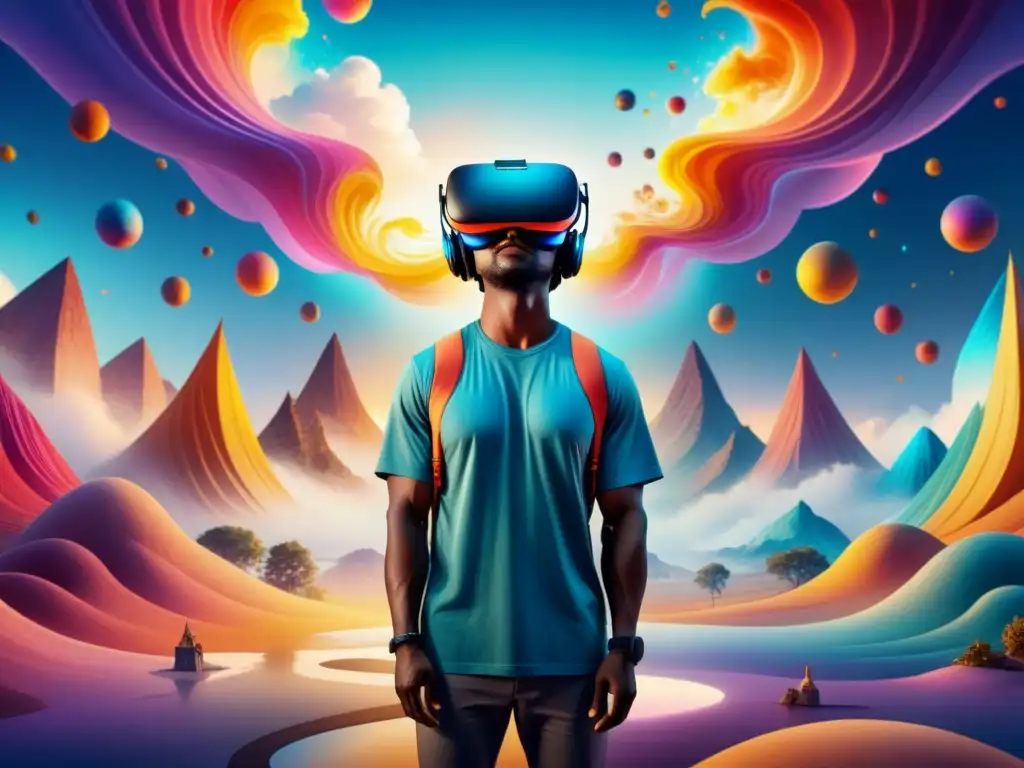 Arte tridimensional en Realidad Virtual: Headset inmerso en un mundo surrealista, lleno de colores y formas abstractas