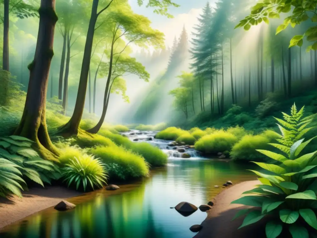 Arte visual para combatir ansiedad: Bosque verde exuberante con luz filtrándose entre el dosel y un arroyo sereno reflejando la calma