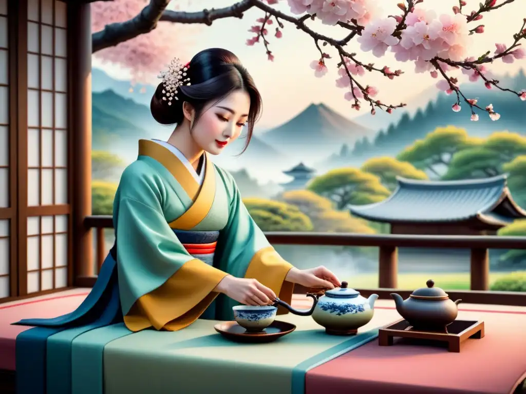 Arte visual asiático con ceremonia del té japonesa, ramas de cerezo y jardín sereno, pintado en acuarela digital