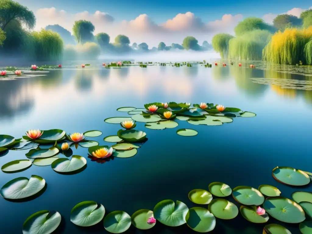 Arte visual de Monet: Detalle 8k de sus lirios acuáticos, colores vibrantes y pinceladas intrincadas reflejadas en el agua serena