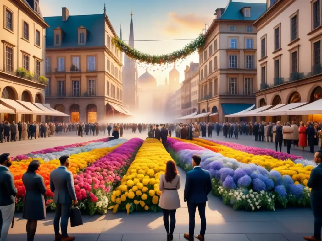 Arte visual efímero: instalación impacto en plaza de ciudad bulliciosa con flores y formas geométricas