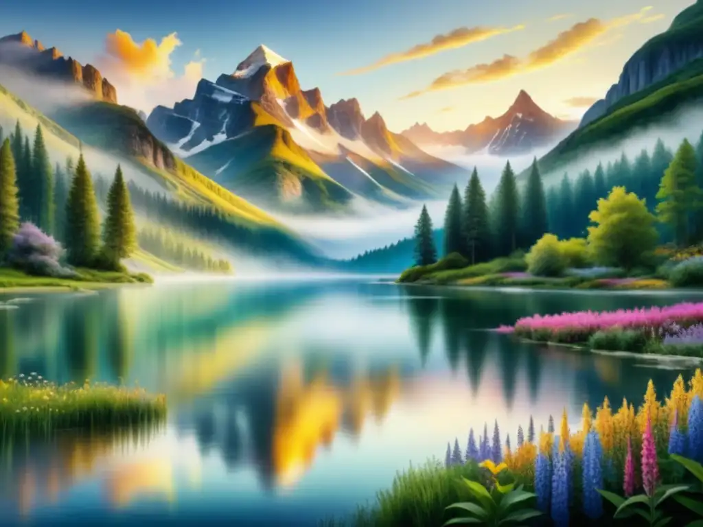 Representación renacimiento arte visual: Paisaje sereno al amanecer con montaña majestuosa y lago tranquilo